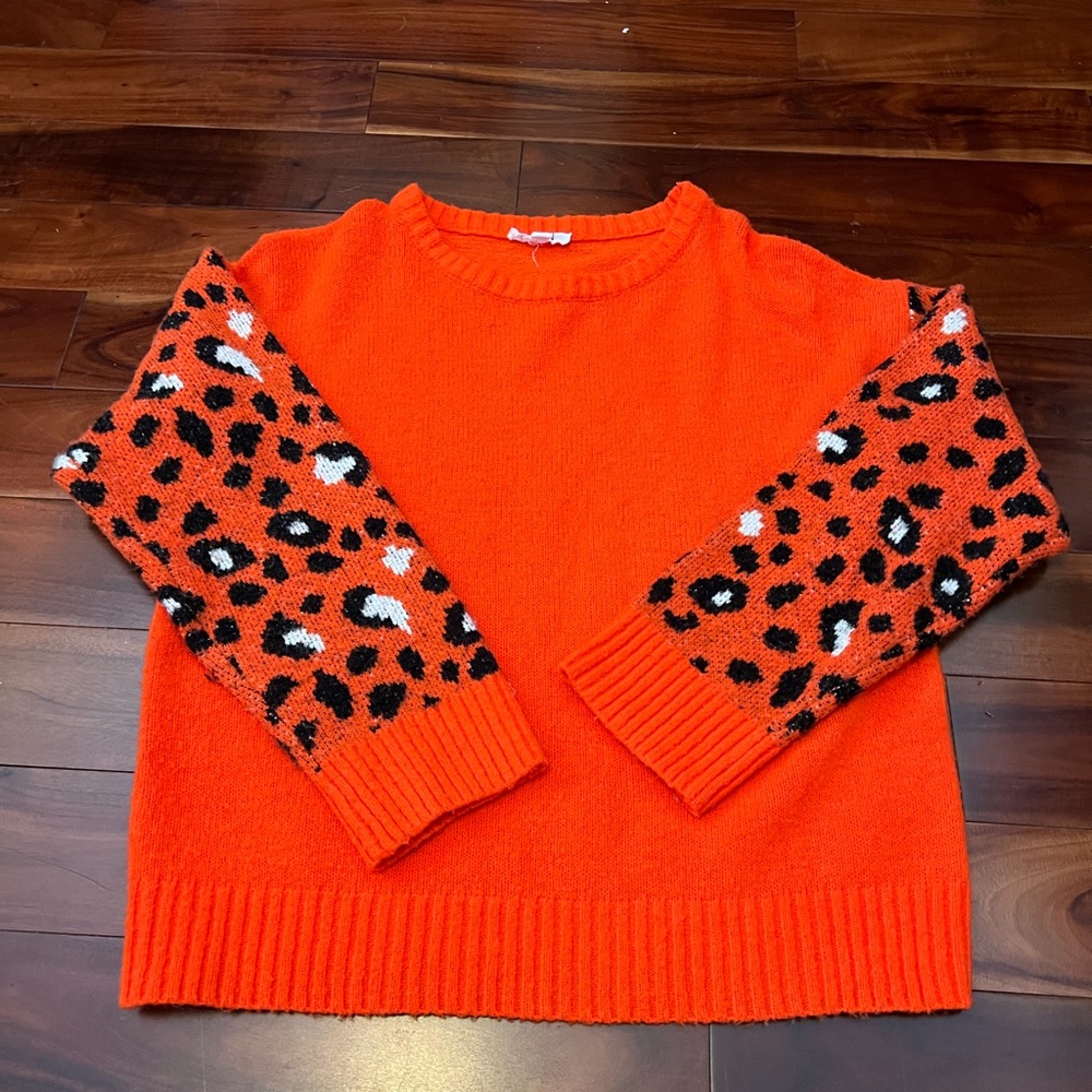 THML Bright Orange Sweater with Leopard Print Sleeves